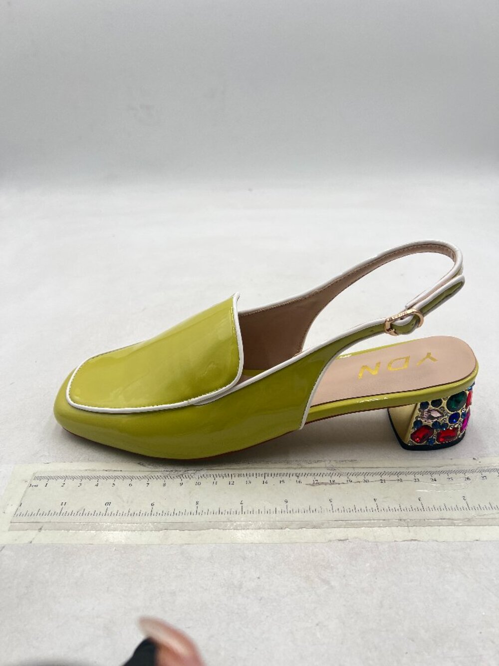 YDN Yellow Pumps Colorful Rhinestone Block Low Heels Closed Square Toe Shoe